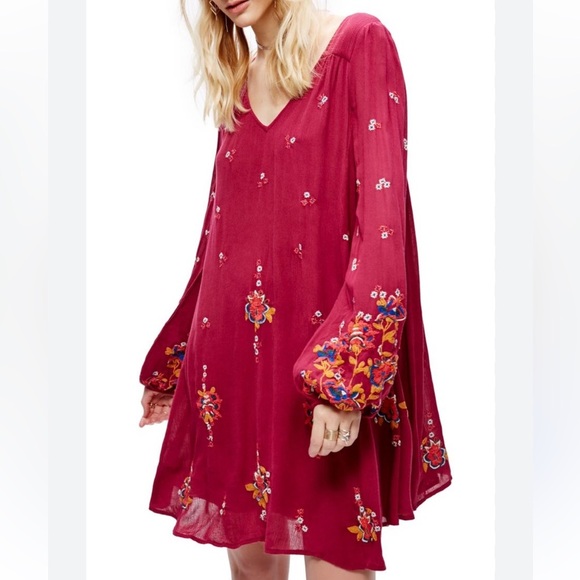 Free People Tunic Dress Boho Embroidered Lined Burgundy Oversized Pockets Sz M - Picture 1 of 15